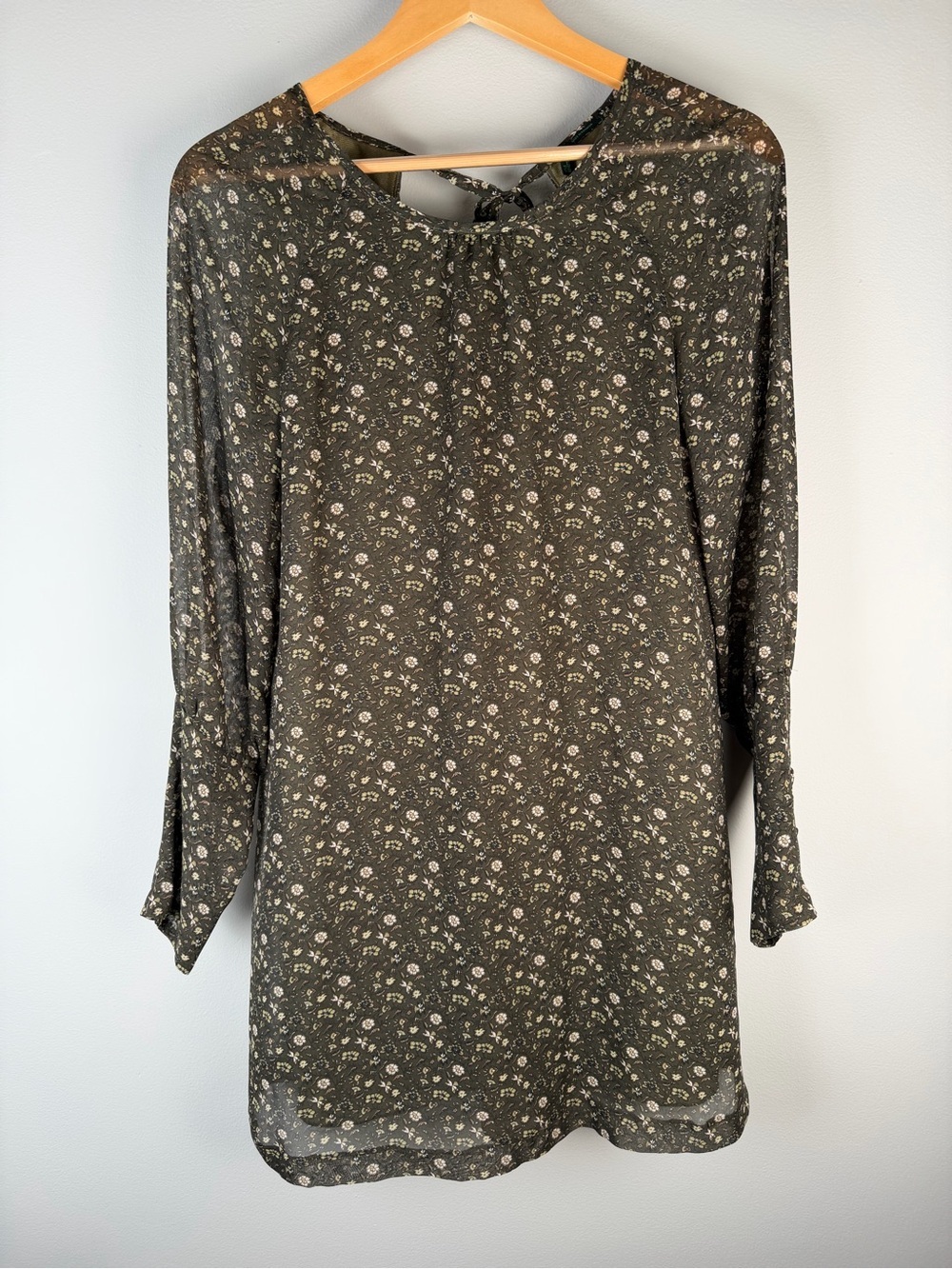 Stile Benetton Olive Green Floral Shift Dress Boho Cottagecore Size XS